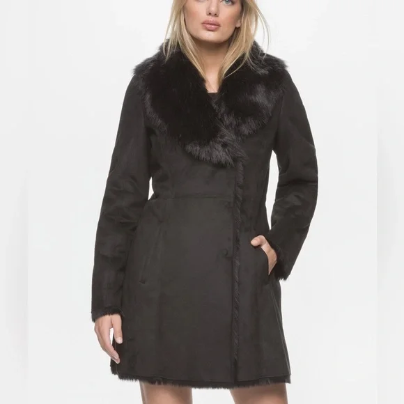 Black Faux Fur Shearling Suede Penny Lane 90s Glam Goth Coat Charlotte Simone - Picture 2 of 8